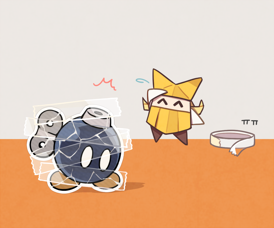 0_0, 1boy, 1girl, ^^^, ^_^, blonde_hair, bob-omb, bobby_(paper_mario)