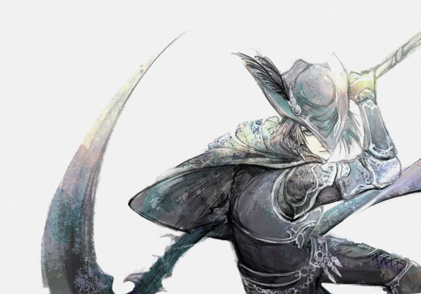 1boy, cape, character_request, check_copyright, closed_mouth, copyright_request, final_fantasy, final_fantasy_xiv, grey_hair, hat, hat_feather, highres, holding, holding_scythe, holding_weapon, male_focus, one_eye_covered, scythe, simple_background, solo, tricorne, weapon, white_background, zoe0701