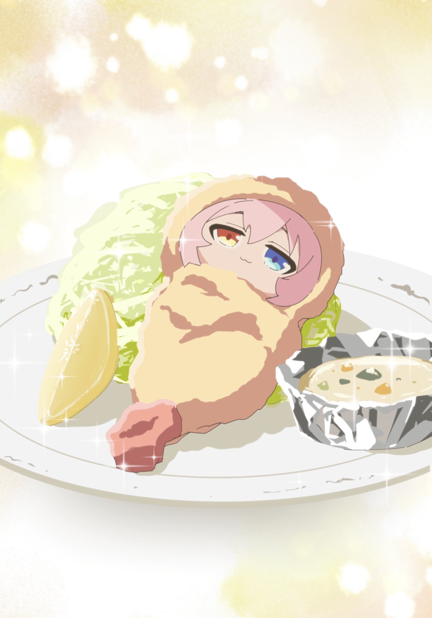 1girl, :3, blue_archive, blue_eyes, food, food_costume, fried_hoshino_(meme), fruit