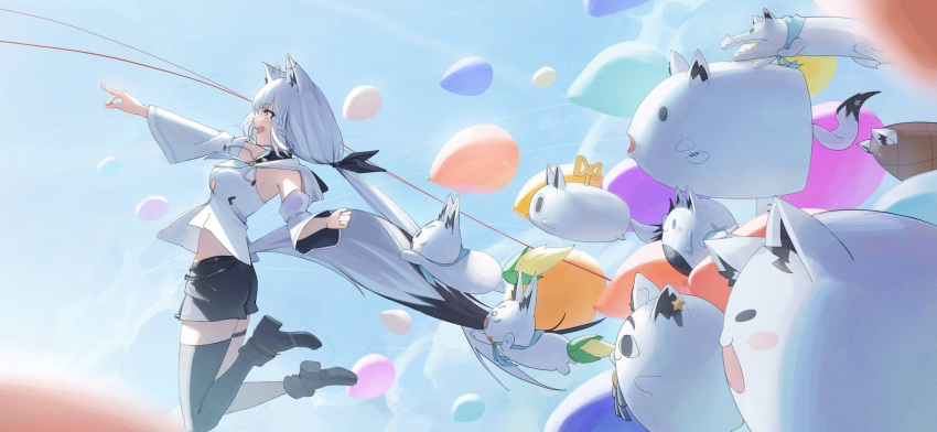 ahoge, animal_ear_fluff, animal_ear_piercing, animal_ears, aqua_eyes, asymmetrical_legwear, balloon, bare_shoulders