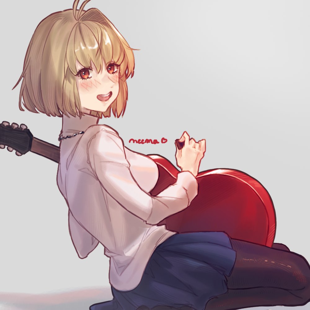 1girl, arcueid_brunestud, blonde_hair, blue_skirt, breasts, commentary, english_commentary, grey_background