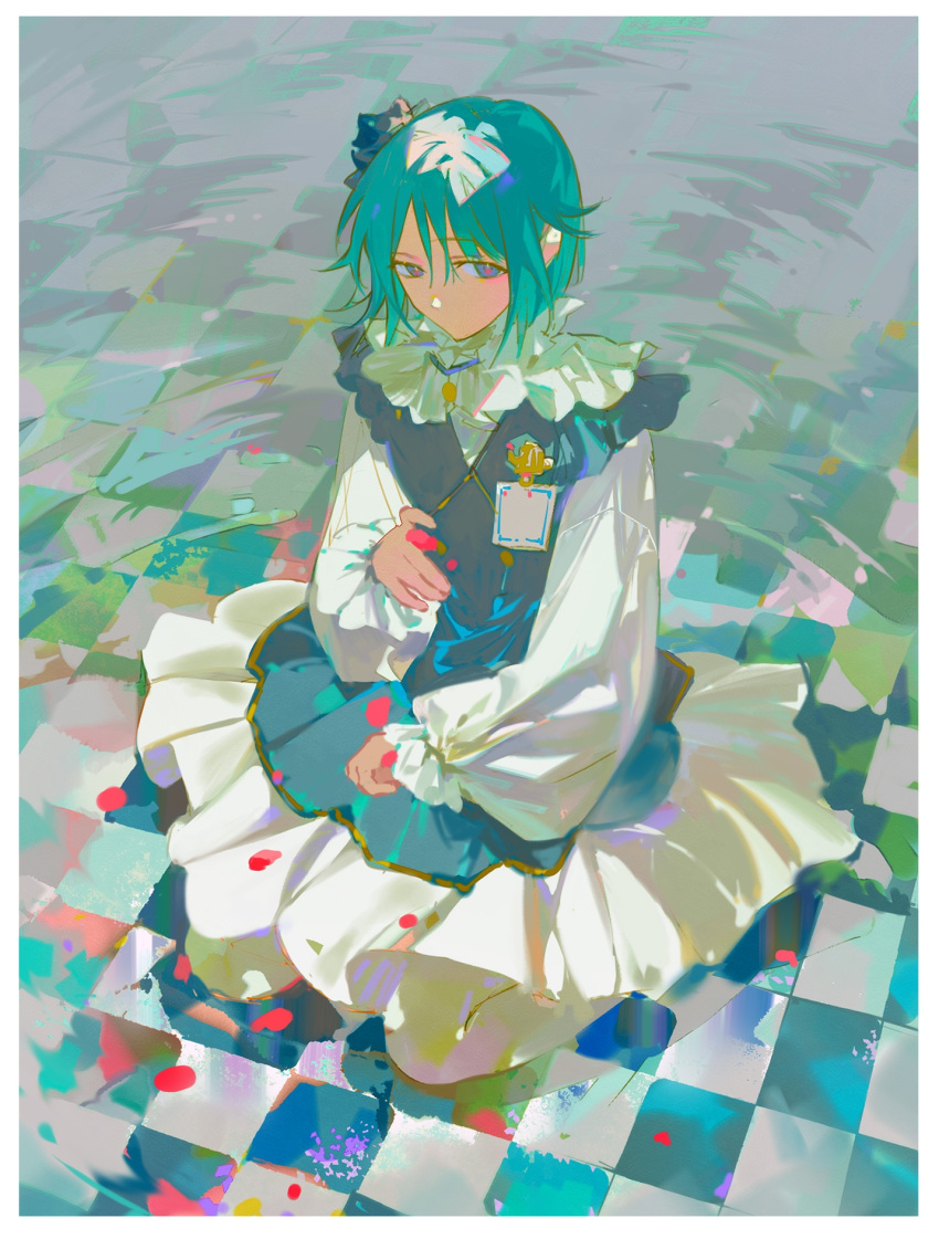 1boy, apron, aqua_hair, black_flower, blue_apron, blue_eyes, border, braid