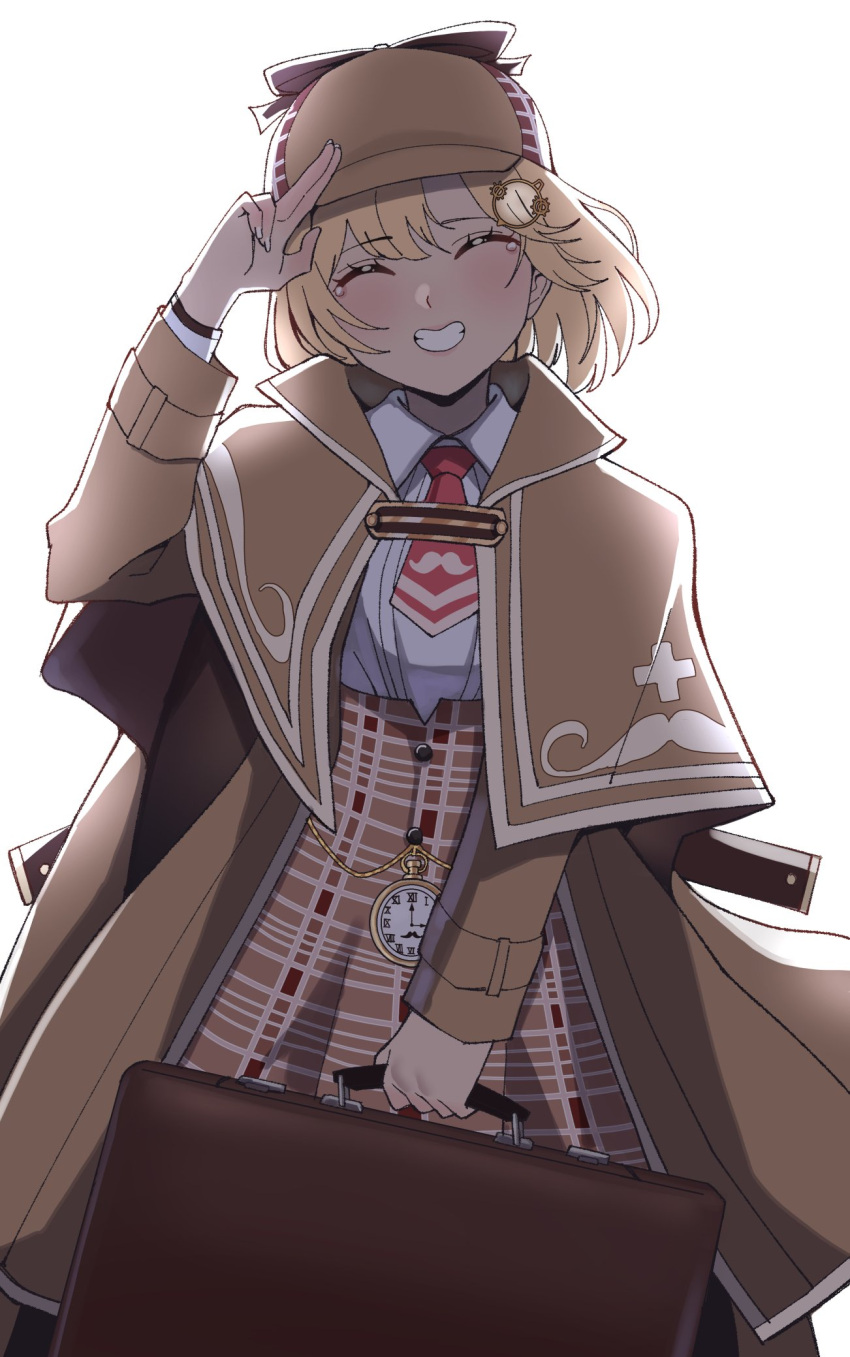 1girl, ^_^, blonde_hair, briefcase, brown_capelet, brown_hat, brown_skirt, capelet