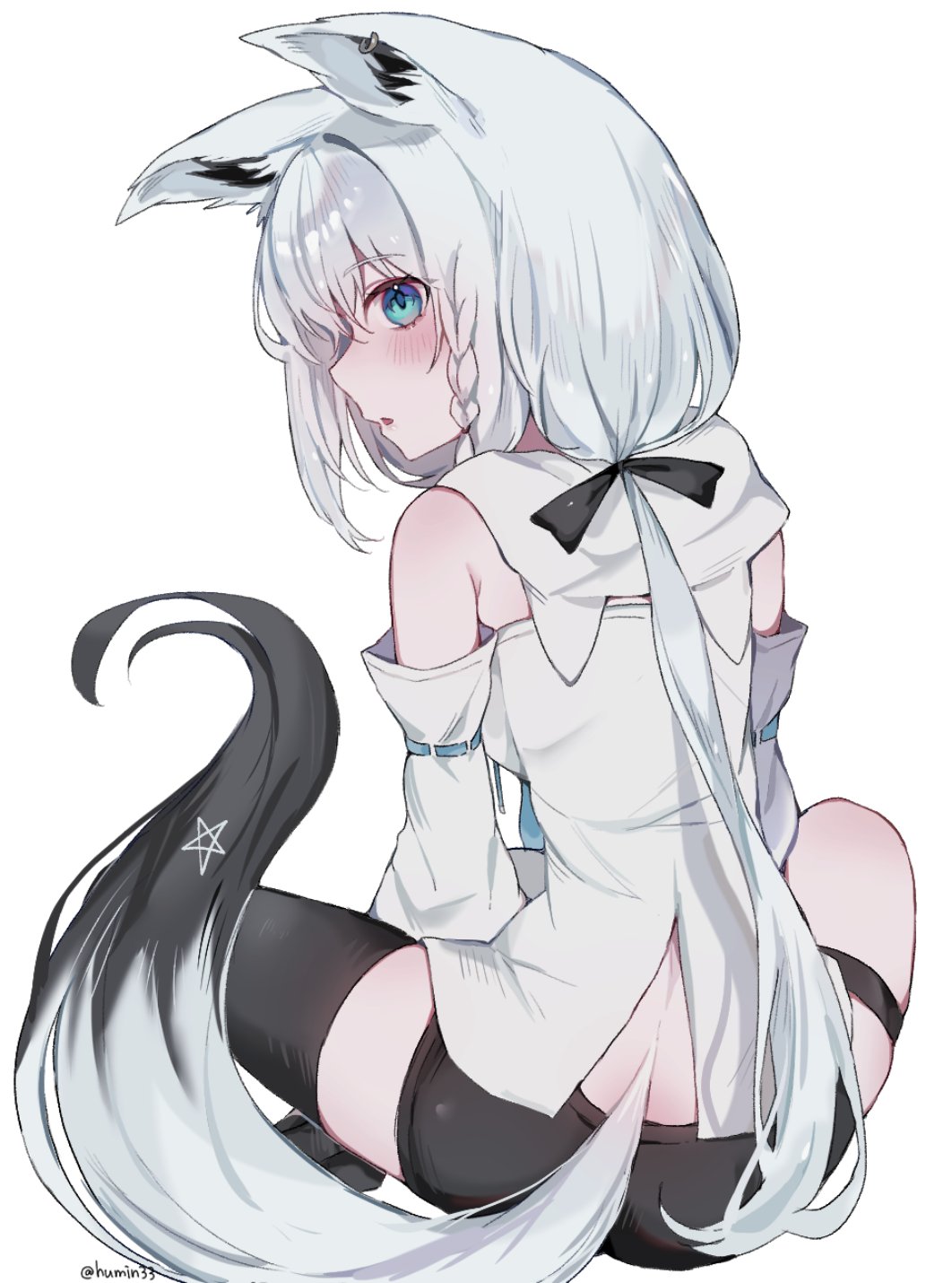 1girl, ahoge, animal_ear_fluff, animal_ear_piercing, animal_ears, aqua_eyes, asymmetrical_legwear, bare_shoulders, black_footwear, black_shorts, black_tail, black_thighhighs, blue_neckerchief, braid, crossed_bangs, detached_sleeves, double-parted_bangs, earrings, extra_ears, fox_ears, fox_girl, fox_tail, from_behind, front_slit, full_body, highres, hololive, hood, hoodie, jewelry, long_hair, looking_at_viewer, low-tied_long_hair, mofumin, multicolored_tail, neckerchief, pentagram, sailor_collar, shirakami_fubuki, shirakami_fubuki_(1st_costume), short_shorts, shorts, side_braid, sidelocks, signature, simple_background, single_braid, single_earring, single_thighhigh, solo, tail, thigh-highs, thigh_strap, virtual_youtuber, white_background, white_hair, white_hoodie, white_tail, wide_sleeves