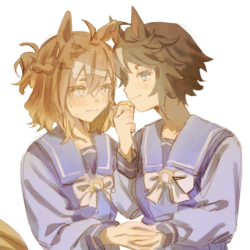 2girls, animal_ears, blue_eyes, blush, bow, bowtie, brown_eyes, brown_hair