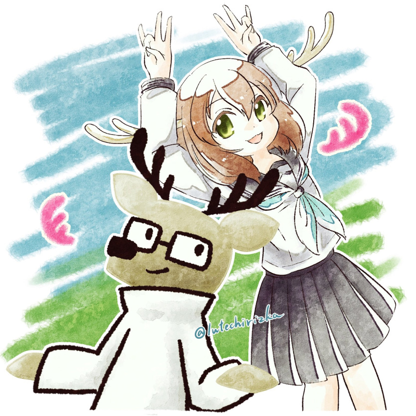 1boy, 1girl, :d, antlers, aqua_neckerchief, arms_up, black_horns, black_sailor_collar, black_skirt, brown_hair, commentary_request, crossover, daihatsu, deer_antlers, deer_boy, deer_girl, furry, furry_male, glasses, green_eyes, hands_up, high_collar, highres, horns, kakukaku_shikajika, long_sleeves, looking_to_the_side, medium_hair, multicolored_background, neckerchief, rieta_(lutechirizka), sailor_collar, school_uniform, serafuku, shikanoko_noko, shikanoko_nokonoko_koshitantan, shirt, skirt, smile, sweater, trait_connection, turtleneck, twitter_username, white_horns, white_shirt, white_sweater