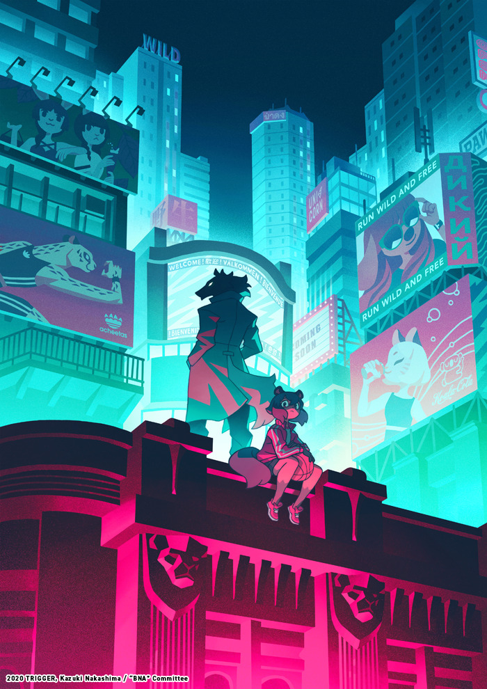1boy, 1girl, ad, animal_ears, body_fur, brand_new_animal, building, cheetah, city_lights, cityscape, company_name, copyright_name, copyright_notice, furry, furry_male, genice_chan, kagemori_michiru, night, night_sky, official_art, ogami_shirou, outdoors, rabbit, rabbit_ears, raccoon_ears, raccoon_girl, raccoon_tail, sitting, sky, skyline, skyscraper, tail, wolf_boy, wolf_ears