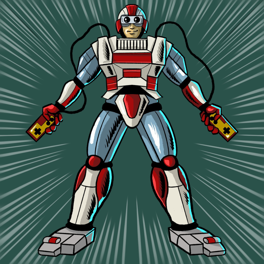 1boy, armor, blue_armor, commentary_request, controller, dual_wielding, emphasis_lines, famicom