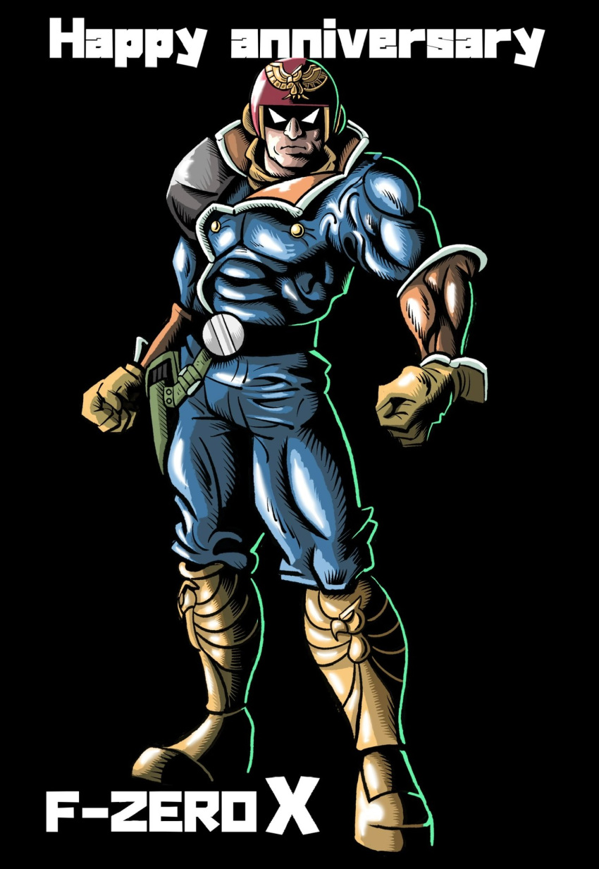 1boy, anniversary, belt, belt_buckle, biceps, black_background, black_belt, blue_bodysuit