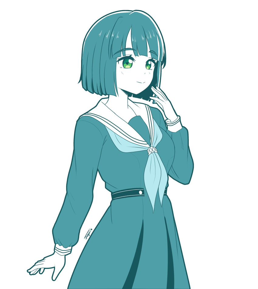 1girl, absurdres, blue_theme, blunt_bangs, blunt_ends, breasts, closed_mouth, commentary