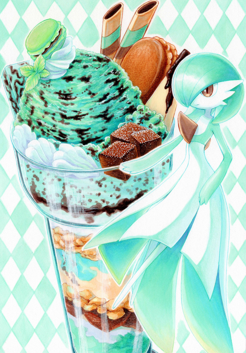 1girl, absurdres, argyle_background, bob_cut, closed_mouth, colored_skin, commentary, cream