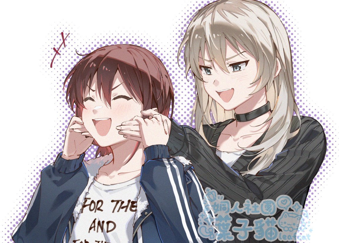 2girls, black_choker, black_sweater, brown_hair, choker, closed_eyes, fur-trimmed_jacket, fur_trim