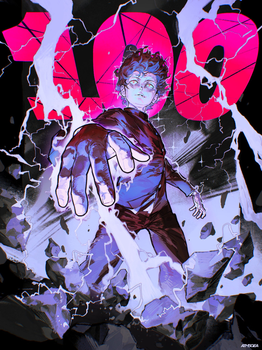1boy, artist_name, atmosgear, black_background, black_hair, black_jacket, black_pants, buttons, debris, electricity, electrokinesis, english_commentary, expressionless, from_below, gakuran, highres, jacket, kageyama_shigeo, long_sleeves, looking_at_viewer, male_focus, mob_psycho_100, nose, pants, parted_lips, psychic, reaching, reaching_towards_viewer, red_eyes, school_uniform, shirt, solo, staring, turtleneck, wavy_hair, white_shirt