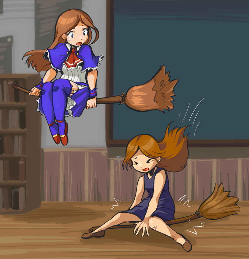 2girls, ascot, black_dress, blue_capelet, blue_thighhighs, bookshelf, broom, broom_riding