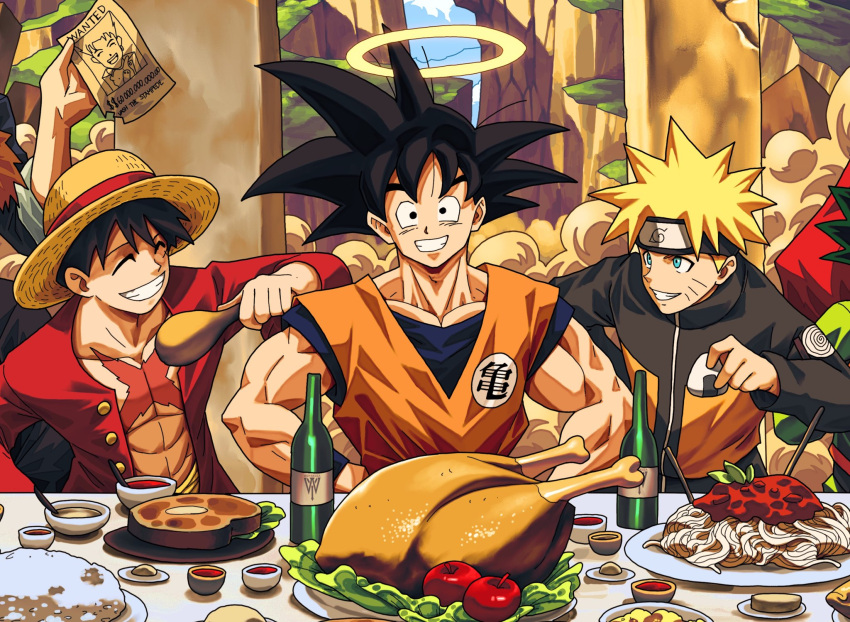 5boys, abs, apple, black_eyes, black_hair, black_jacket, blonde_hair, blue_shirt
