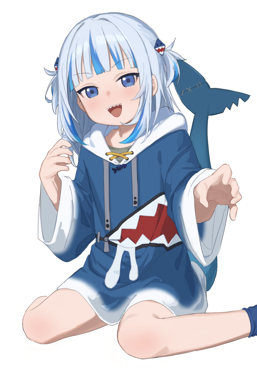 1girl, blue_eyes, blue_hair, blunt_bangs, blush, fins, fish_tail, gawr_gura