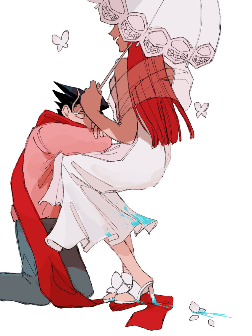1boy, 1girl, ace_attorney, aged_down, black_hair, bug, butterfly, closed_eyes