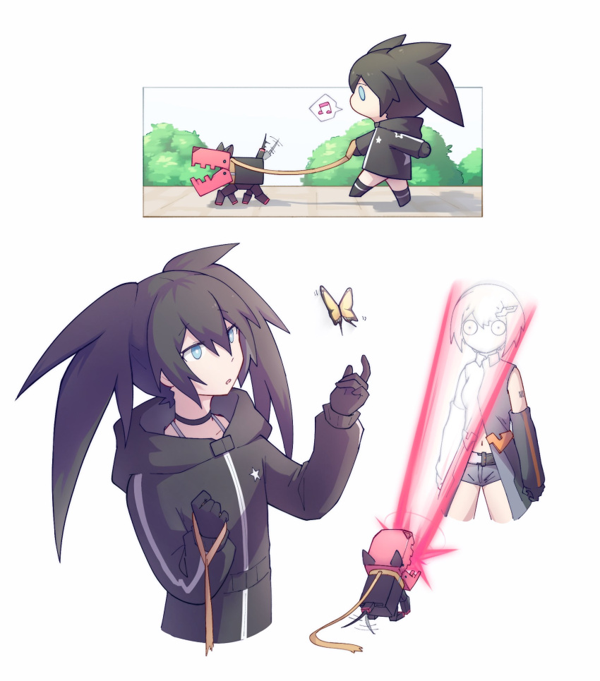 2girls, belt, black_choker, black_hair, black_jacket, black_rock_shooter, black_rock_shooter_(character), black_rock_shooter_(game), blue_eyes, bug, butterfly, choker, grey_shorts, highres, hood, hooded_jacket, jacket, laser, long_hair, mehyuew39, multiple_girls, musical_note, nana_(black_rock_shooter), short_hair, shorts, star_(symbol), twintails
