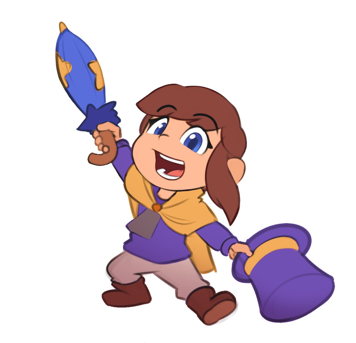 1girl, a_hat_in_time, ankle_boots, blue_eyes, blue_umbrella, boots, brown_footwear, brown_hair