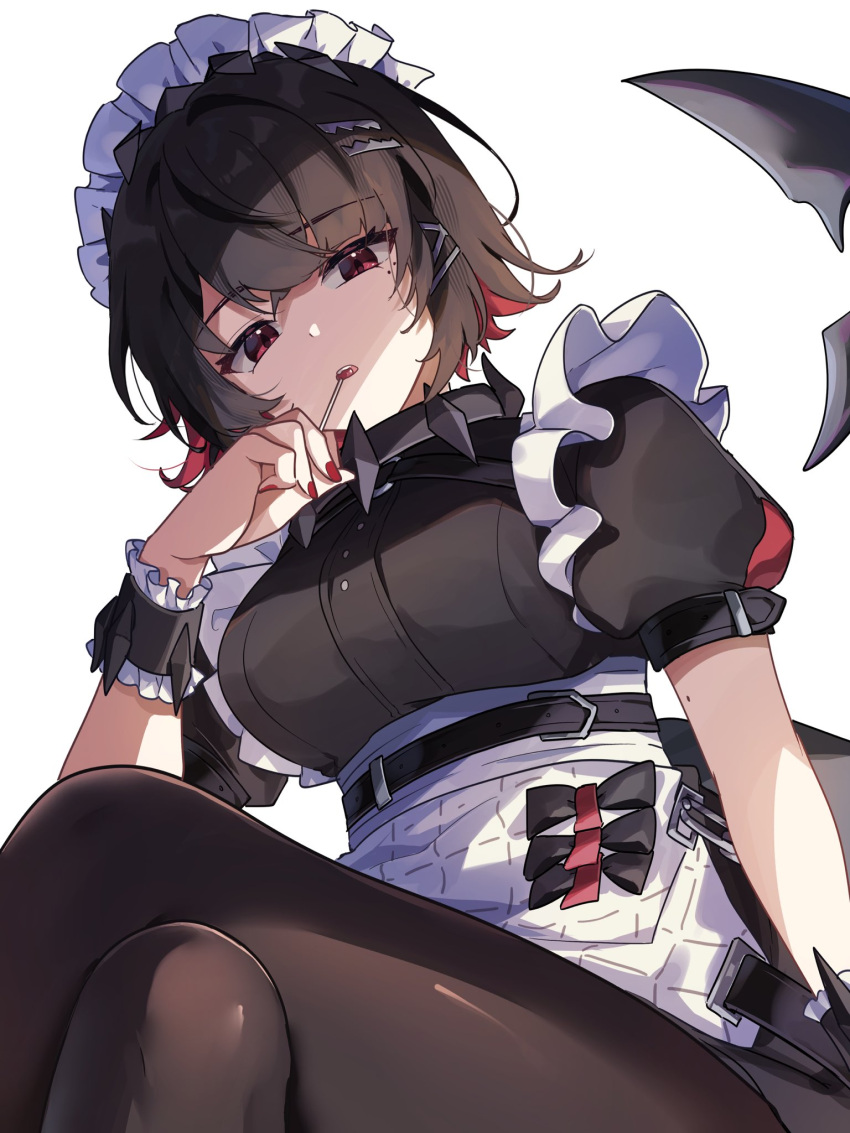 1girl, apron, black_dress, black_hair, black_pantyhose, blush, breasts, candy