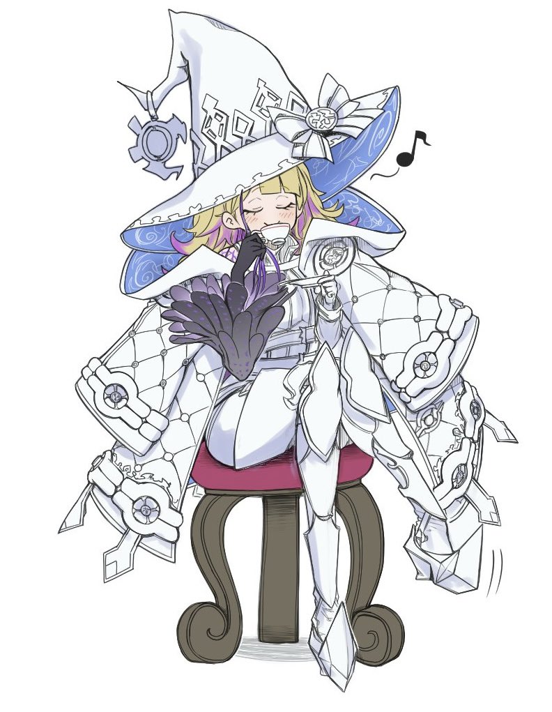 1girl, blonde_hair, boots, chair, closed_eyes, coat, crossed_legs, cup, diabellze_the_original_sinkeeper, drinking, duel_monster, gloves, hat, holding, holding_cup, long_hair, musical_note, simple_background, sitting, solo, teacup, white_background, wizard_hat, yamasu_(tmy-0902), yu-gi-oh!