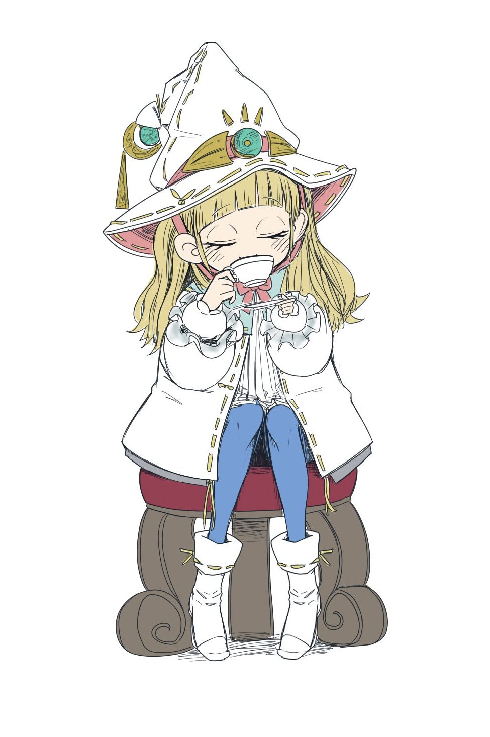 1girl, blonde_hair, boots, chair, closed_eyes, coat, cup, diabellze_the_original_sinkeeper