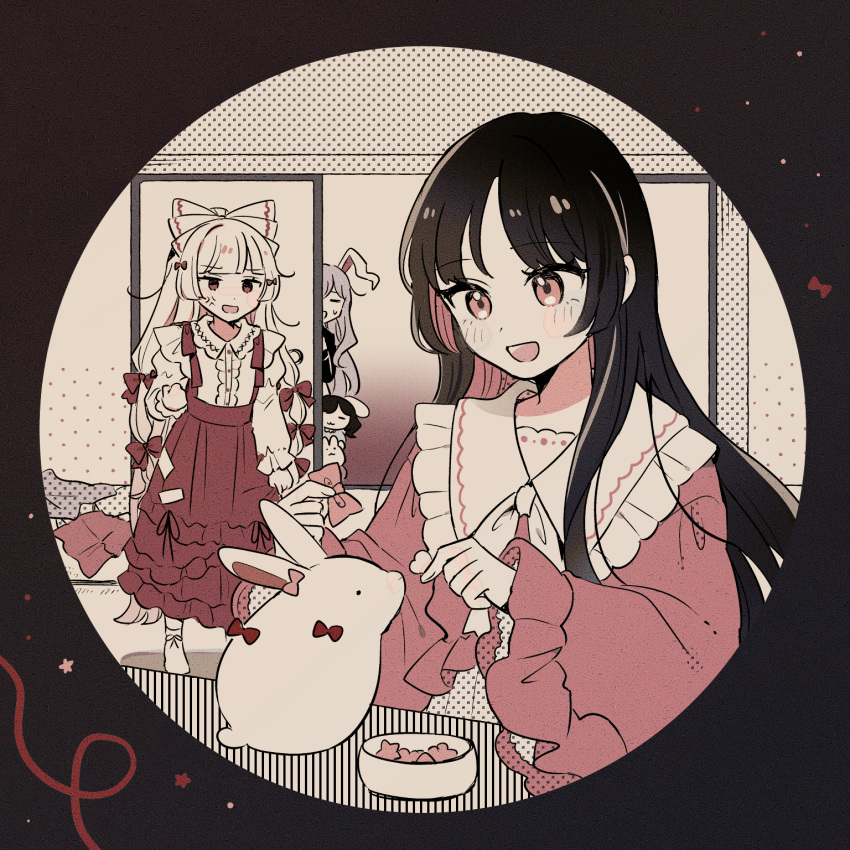 4girls, :3, :d, =_=, anger_vein, animal_ears, black_hair, blunt_bangs, blunt_ends, bow, clenched_hand, collared_shirt, commentary_request, frilled_shirt_collar, frills, fujiwara_no_mokou, hair_bow, highres, holding, holding_bow_(ornament), houraisan_kaguya, inaba_mob_(touhou), inaba_tewi, long_sleeves, mozukuzu_(manukedori), multiple_girls, multiple_hair_bows, open_mouth, pink_bow, pink_shirt, purple_hair, rabbit, rabbit_ears, red_bow, red_skirt, reisen_udongein_inaba, round_image, shirt, skirt, smile, suspenders, touhou, white_hair, white_shirt, wide_sleeves