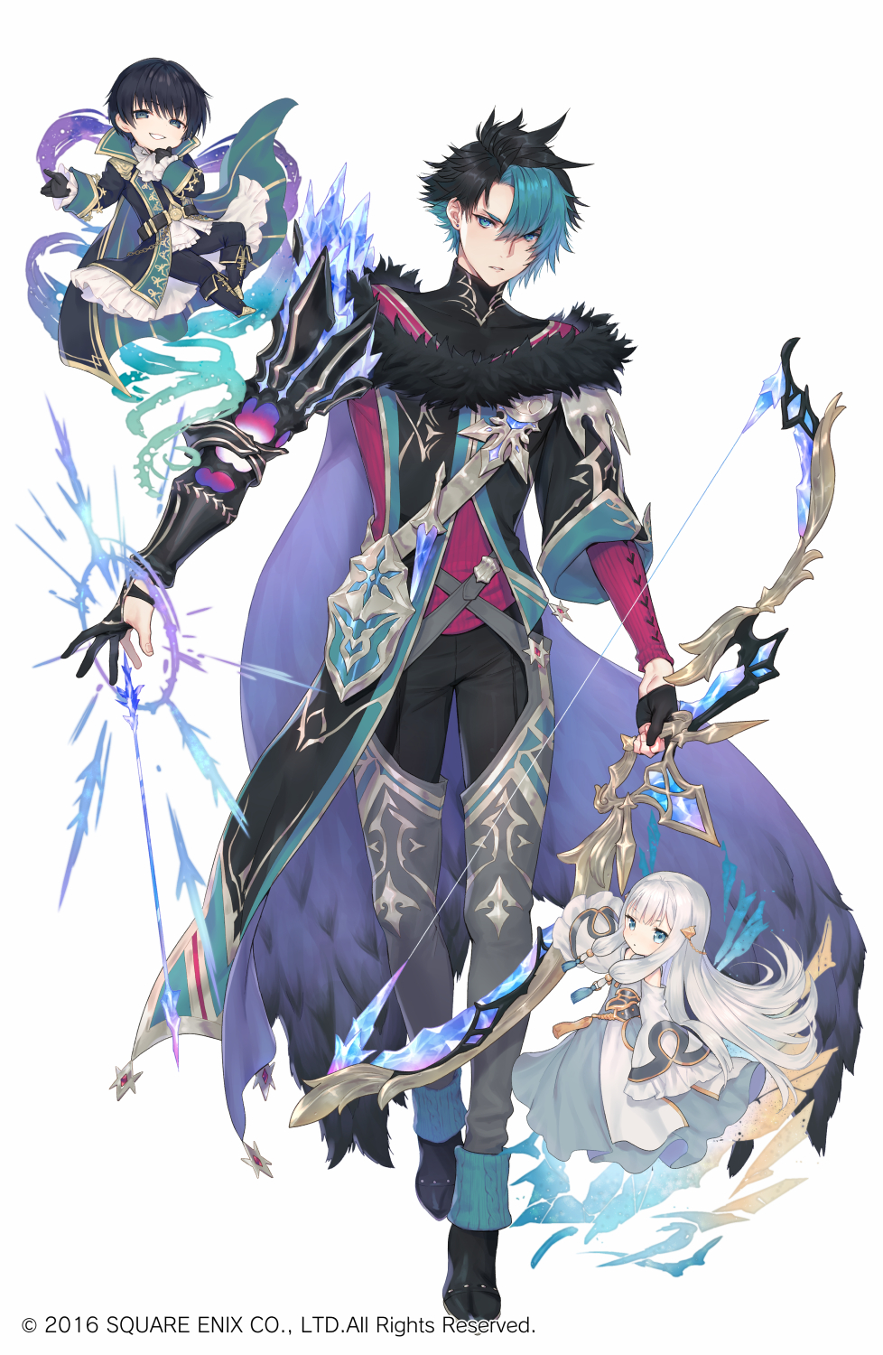 1girl, 2boys, baron_munchausen_(grimms_notes), black_footwear, black_gloves, black_hair, black_pants, blue_eyes