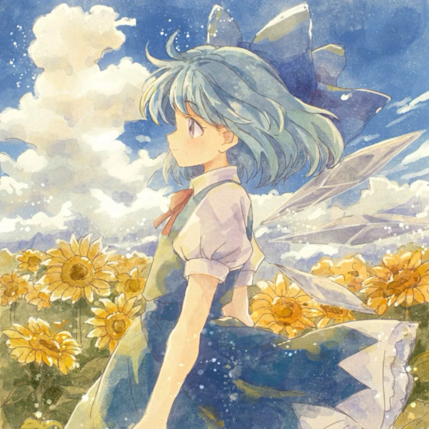 1girl, blue_bow, blue_dress, blue_hair, blue_sky, bow, chinese_commentary, chinnpi, cirno, clouds, collared_shirt, commentary_request, day, detached_wings, dress, faux_traditional_media, field, flower, flower_field, hair_bow, ice, ice_wings, long_hair, making-of_available, neck_ribbon, puffy_short_sleeves, puffy_sleeves, red_ribbon, ribbon, shirt, short_sleeves, sky, solo, sunflower, sunflower_field, touhou, violet_eyes, white_shirt, wings, yellow_flower