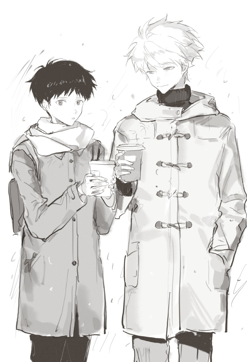 2boys, arm_up, arms_up, closed_mouth, coat, commentary, cup, disposable_cup, fengguai, hand_in_pocket, hashtag-only_commentary, highres, holding, ikari_shinji, long_sleeves, multiple_boys, nagisa_kaworu, neon_genesis_evangelion, pants, scarf, short_hair, side-by-side, simple_background, smile, standing, turtleneck, white_background