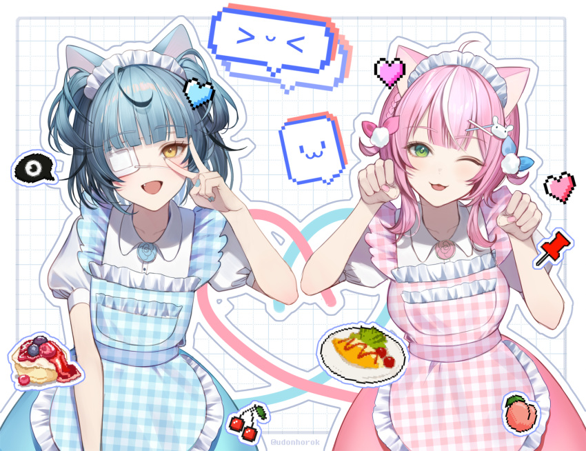 2girls, animal_ears, apron, blue_hair, blue_nails, cat_ears, cherry, commentary_request
