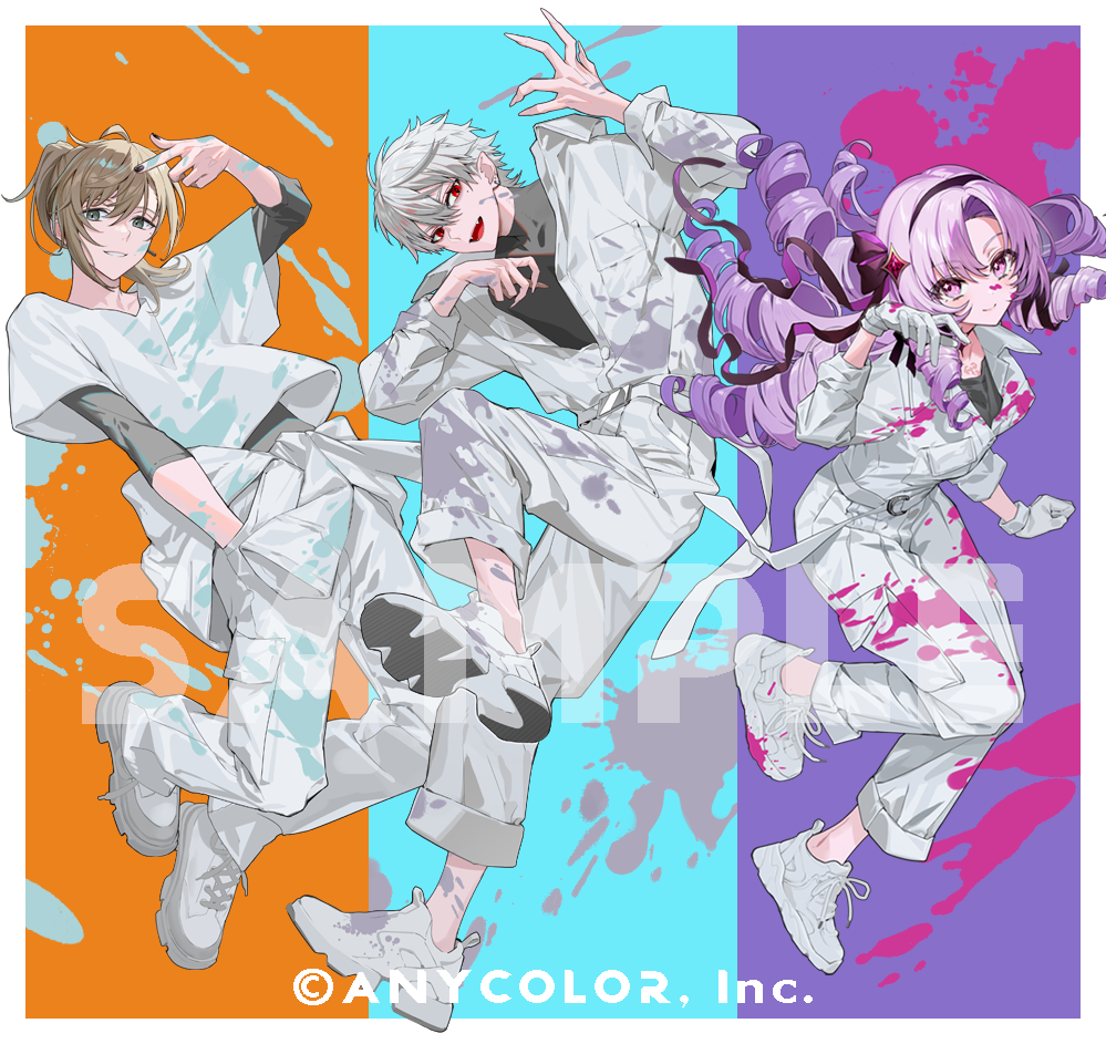 1girl, 2boys, :d, aqua_background, belt, black_hairband, black_nails, black_shirt