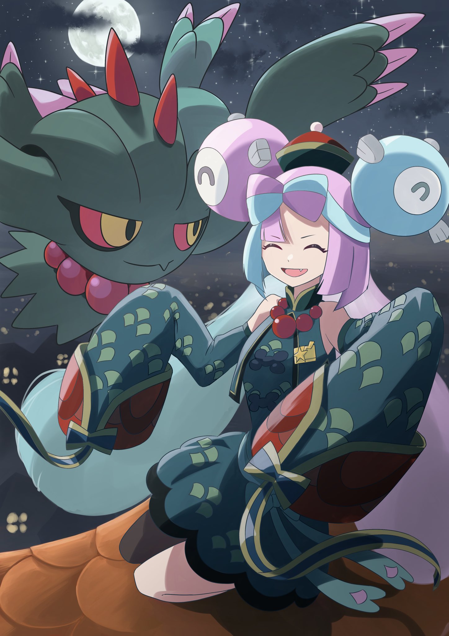 1girl, bare_shoulders, black_pantyhose, blue_hair, bow-shaped_hair, character_hair_ornament, closed_eyes, detached_sleeves, dress, fang, flutter_mane, hair_ornament, highres, iono_(fall_2024)_(pokemon), iono_(pokemon), long_hair, long_sleeves, mikan_(mikan_no_happa), moon, multicolored_hair, night, official_alternate_costume, open_mouth, pantyhose, pink_hair, pokemon, pokemon_(creature), pokemon_masters_ex, single_leg_pantyhose, sleeves_past_fingers, sleeves_past_wrists, twintails, two-tone_hair, very_long_hair, wide_sleeves