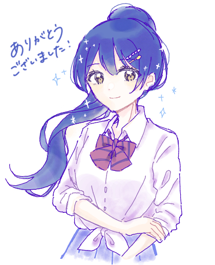 1girl, blue_hair, blue_skirt, bow, bowtie, breasts, closed_mouth, collared_shirt