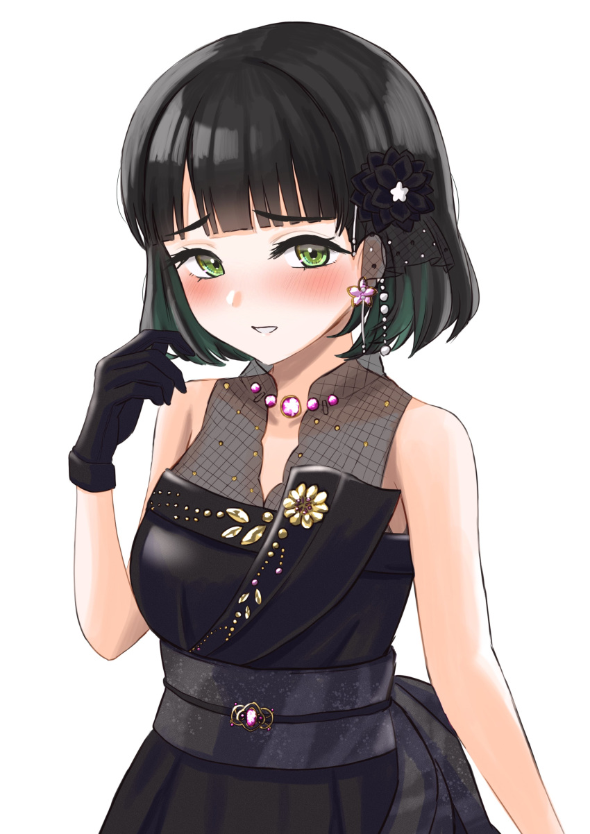 1girl, absurdres, armpit_crease, black_dress, black_flower, black_gloves, black_hair, blunt_bangs, blunt_ends, blush, breasts, collarbone, commentary_request, dress, earrings, flower, flower_earrings, gloves, green_eyes, green_hair, grin, hair_flower, hair_ornament, hand_up, highres, jewelry, link!_like!_love_live!, looking_at_viewer, love_live!, medium_breasts, momose_ginko, momose_ginko_(16th_birthday), multicolored_hair, official_alternate_costume, ponyou1030, short_hair, simple_background, sleeveless, sleeveless_dress, smile, solo, streaked_hair, upper_body, virtual_youtuber, white_background