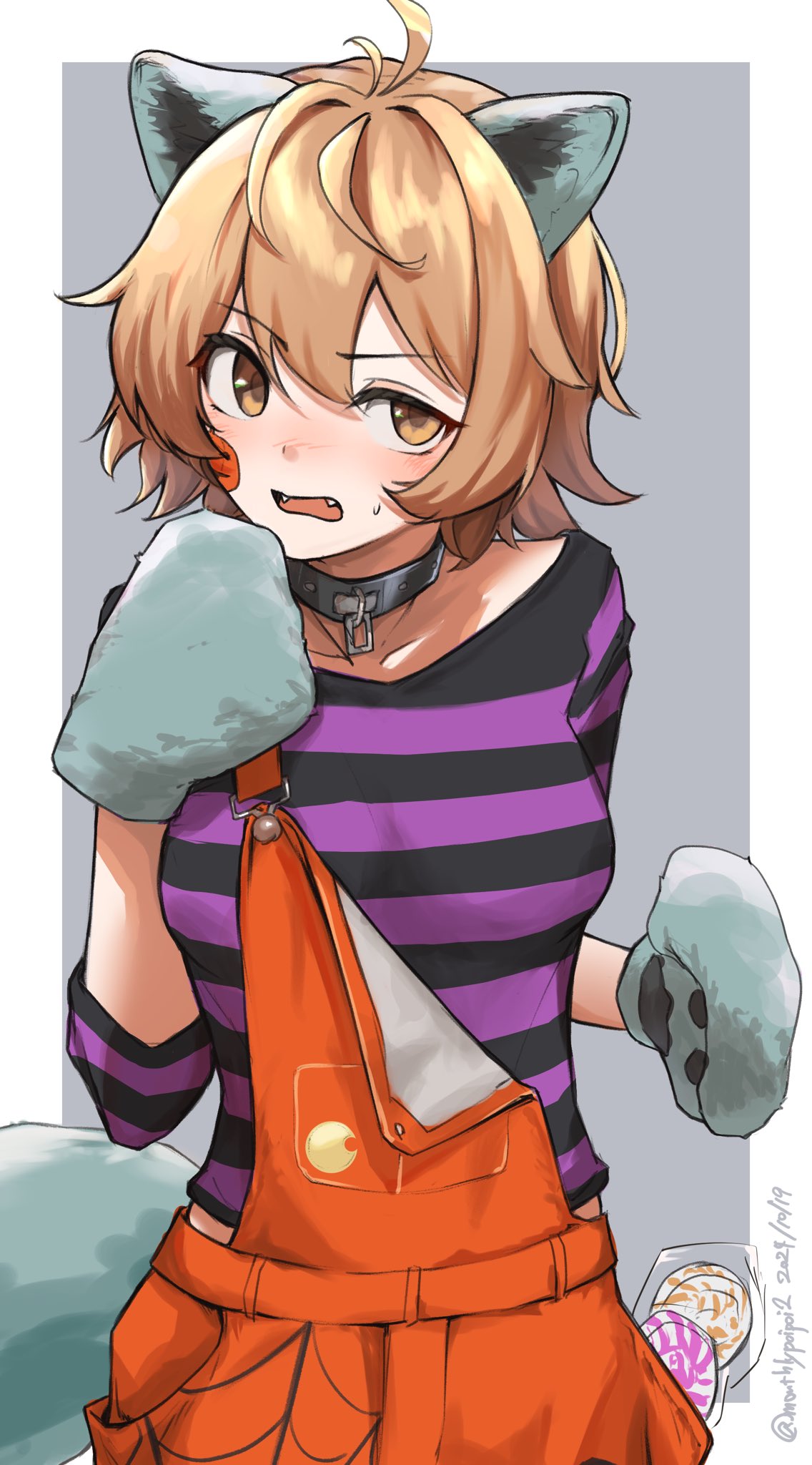 1girl, animal_ears, animal_hands, blush, breasts, brown_eyes, candy, dated