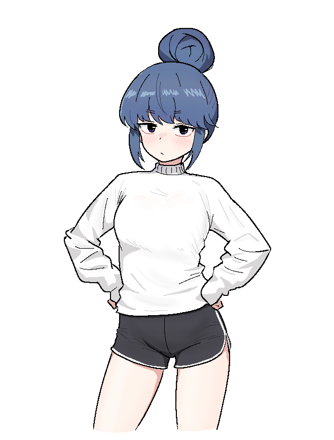 1girl, :/, alternate_costume, black_shorts, blue_hair, blush, cocktiel77, cropped_legs