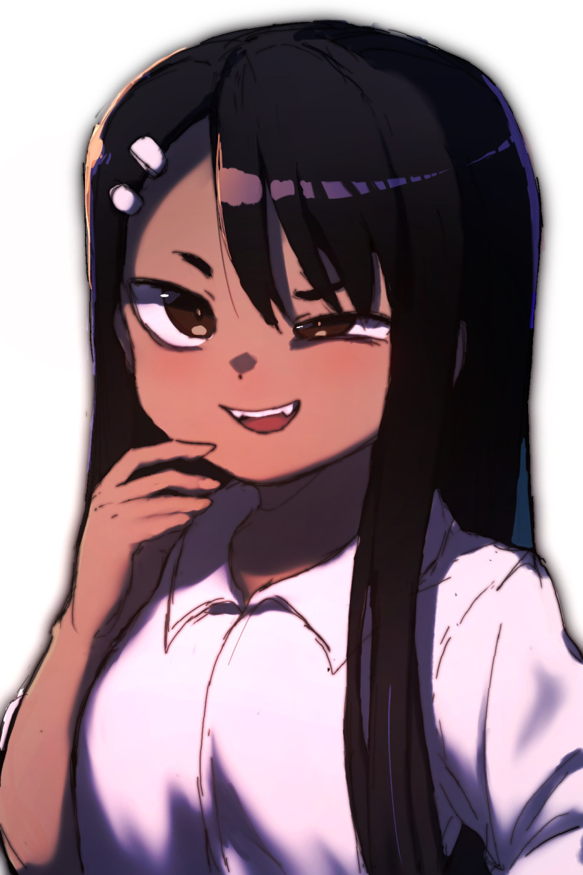 1girl, black_hair, breasts, brown_eyes, dark-skinned_female, dark_skin, fang, grin, highres, ijiranaide_nagatoro-san, long_hair, looking_at_viewer, nagatoro_hayase, shirt, simple_background, smile, solo, tan, upper_body, white_background, white_shirt, wuju59