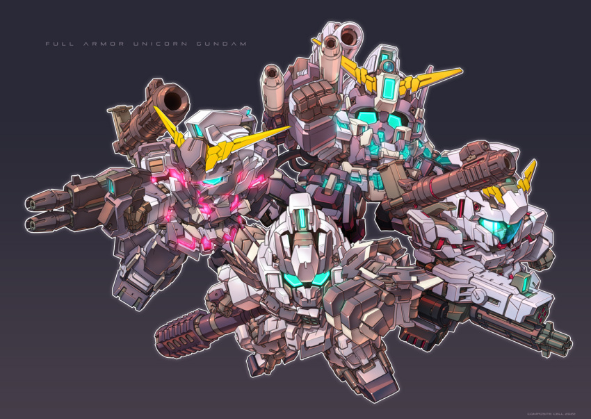 4others, armor, assault_visor, bazooka_(gundam), beam_rifle, character_name, chibi, commentary_request, crossover, energy_gun, full_armor, gatling_gun, glowing, glowing_eyes, green_eyes, gun, gundam, gundam_amazing_red_warrior, gundam_build_fighters, gundam_build_fighters_try, gundam_msv, gundam_unicorn, heavy_full_armor_gundam, heavy_gundam, mecha, mecha_focus, minigun, missile_pod, mobile_suit, mobile_suit_gundam, multiple_others, no_humans, perfect_gundam, redesign, robot, rocket_launcher, science_fiction, sd_gundam, shoulder_cannon, susagane, unicorn_gundam, v-fin, weapon