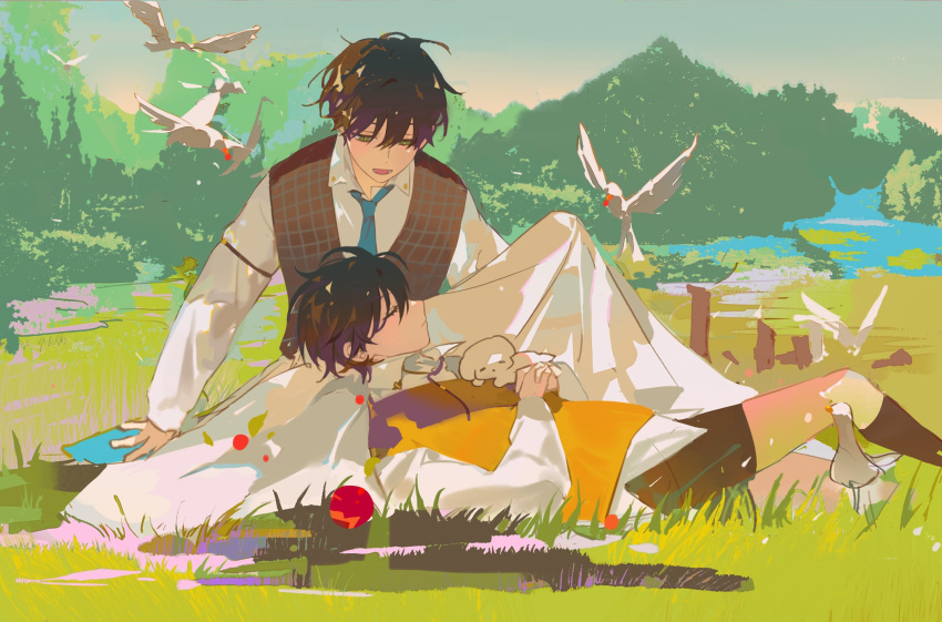 2boys, animal_on_lap, arm_belt, belt, belt_buckle, bird, blanket, blue_necktie