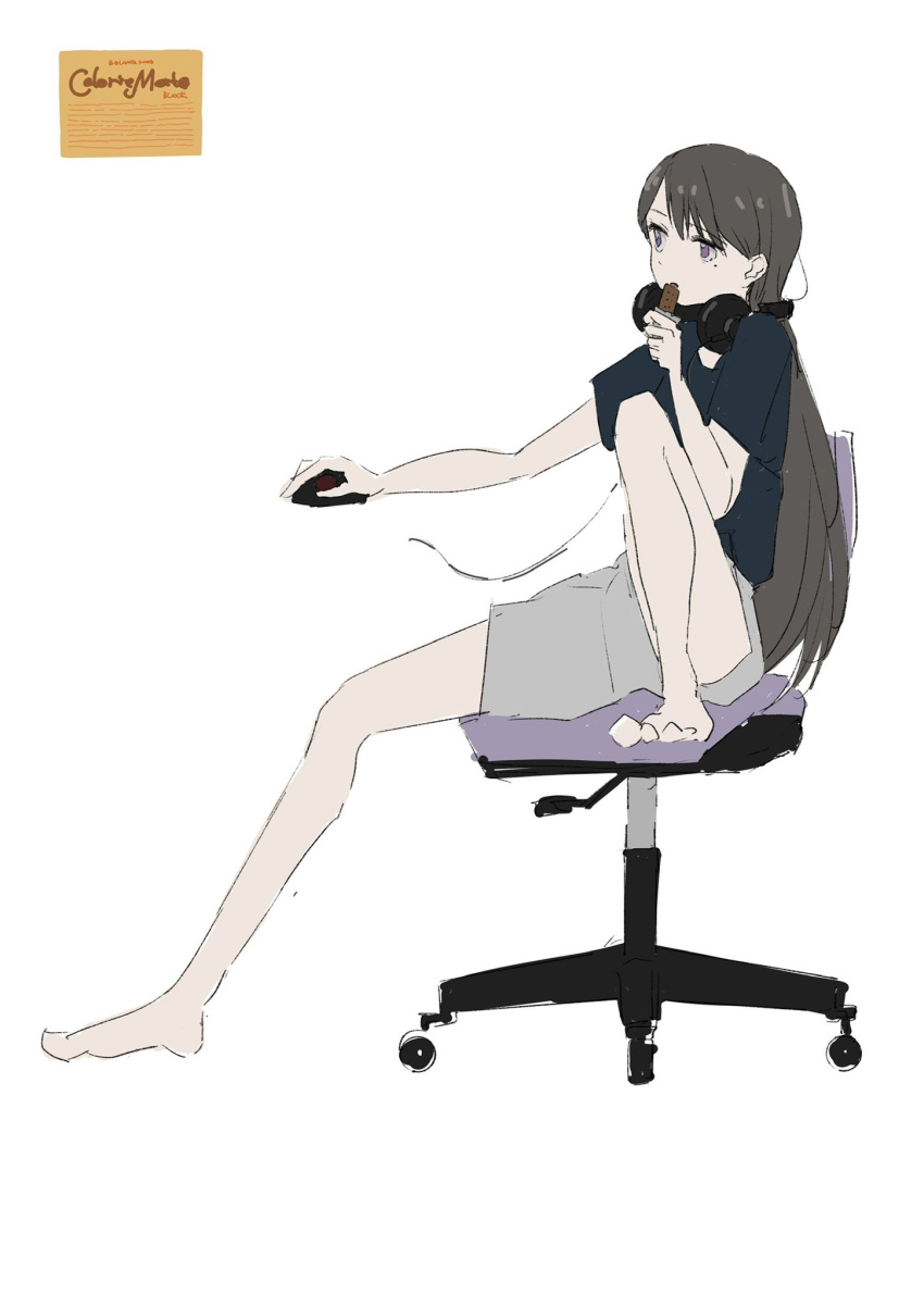 1girl, bang_dream!, bang_dream!_it's_mygo!!!!!, barefoot, black_hair, blue_shirt, caloriemate, computer_mouse, eating, food, full_body, grey_shorts, headphones, headphones_around_neck, highres, holding, holding_food, kushima_yu, long_hair, mole, mole_under_eye, open_mouth, shiina_taki, shirt, short_sleeves, shorts, sitting, solo, swivel_chair, violet_eyes