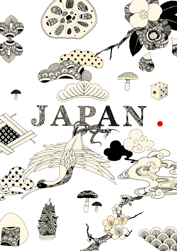 cherry_blossoms, cloud, clouds, crane_(animal), design, dice, flower, flowers