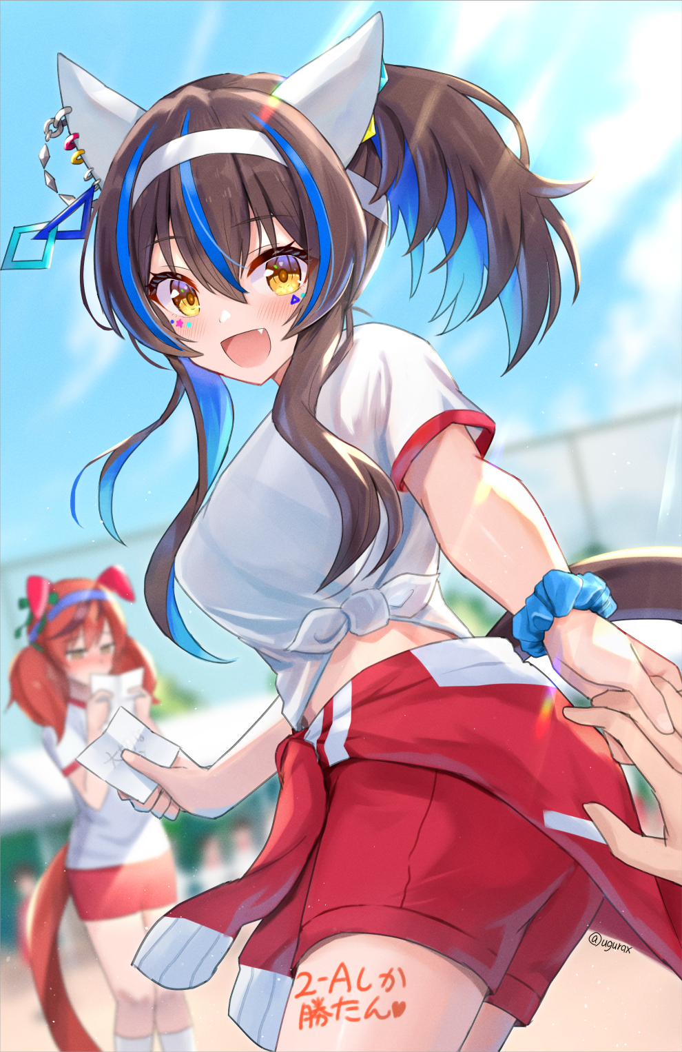 2girls, alternate_costume, animal_ears, black_hair, blurry, blurry_background, blush, commentary_request
