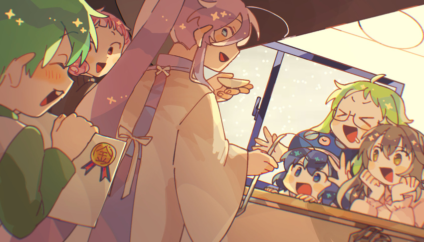 >_<, 2boys, 4girls, :d, ahoge, apron, blue_eyes, blue_hair