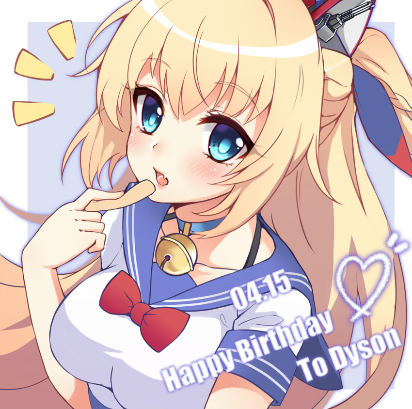 1girl, akai_haato, bell, blonde_hair, blue_eyes, blue_sailor_collar, blue_skirt, blush
