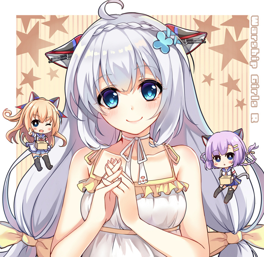 3girls, ahoge, animal_ears, blonde_hair, blue_eyes, blush, braid, breasts