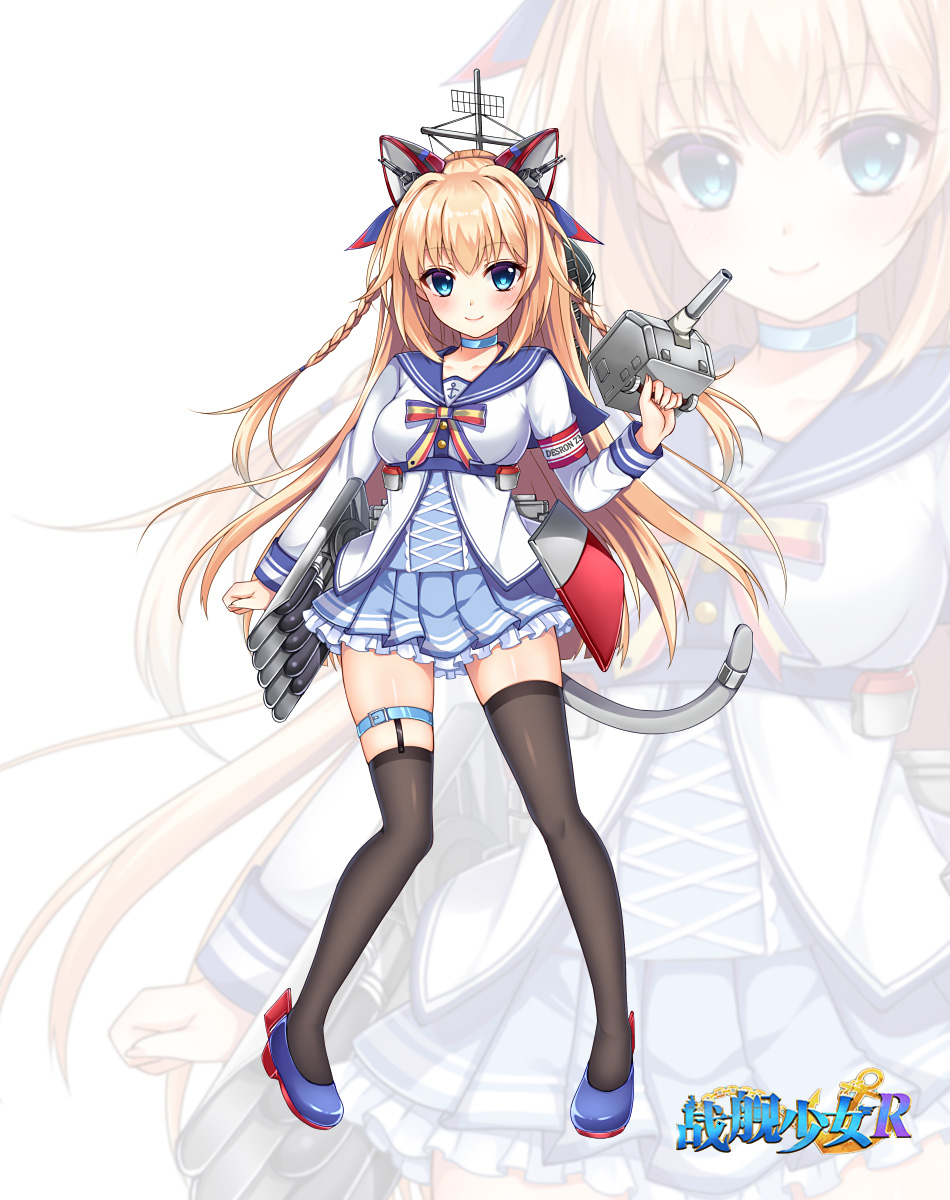 1girl, animal_ears, armband, asymmetrical_legwear, black_thighhighs, blonde_hair, blue_eyes, blue_footwear, blue_sailor_collar, blue_skirt, blush, bow, braid, breasts, cannon, cat_ears, cat_tail, choker, closed_mouth, copyright_name, dyson_(warship_girls_r), fake_animal_ears, frilled_skirt, frills, full_body, garter_straps, hasu_(velicia), highres, holding, long_hair, long_sleeves, looking_at_viewer, machinery, medium_breasts, miniskirt, official_art, pleated_skirt, rigging, sailor_collar, shirt, shoes, side_braids, simple_background, skindentation, skirt, smile, solo, standing, tail, thigh-highs, thigh_strap, torpedo_launcher, turret, uneven_legwear, very_long_hair, warship_girls_r, white_background, white_shirt, zettai_ryouiki