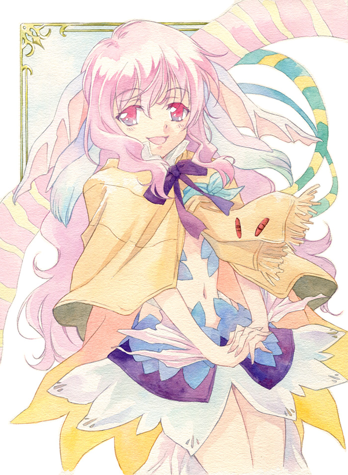 blush, hands_clasped, hands_together, head_fins, long_hair, midriff, navel, persia_(rune_factory)