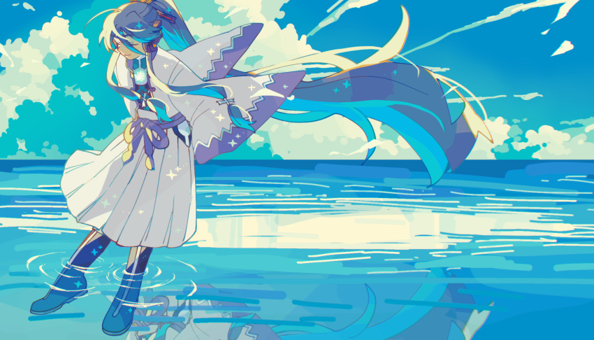 1boy, blue_theme, closed_eyes, clouds, cloudy_sky, floating_hair, fukomo, full_body