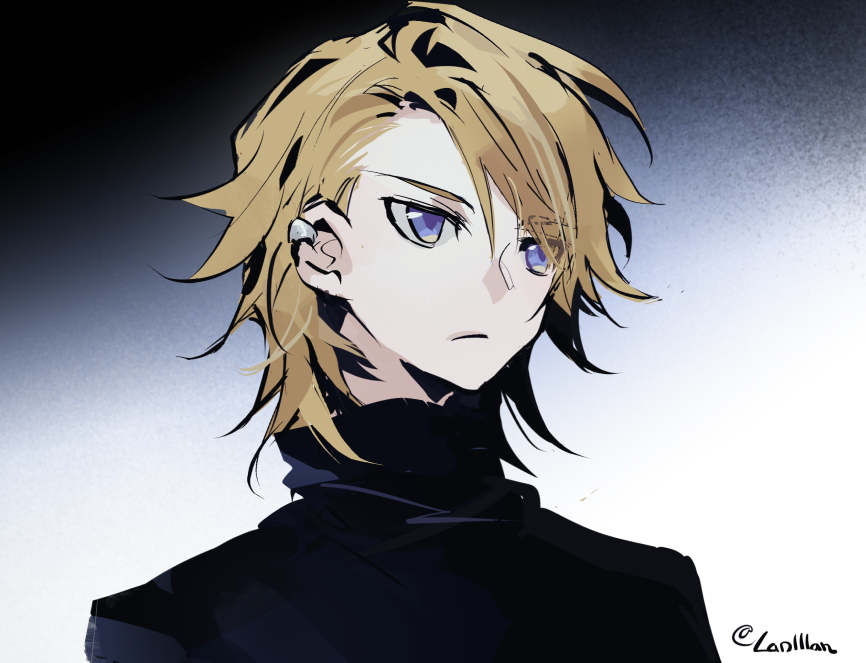 1boy, black_shirt, blonde_hair, blue_eyes, digimon, digimon_adventure_-beyond-, gradient_background, grey_background